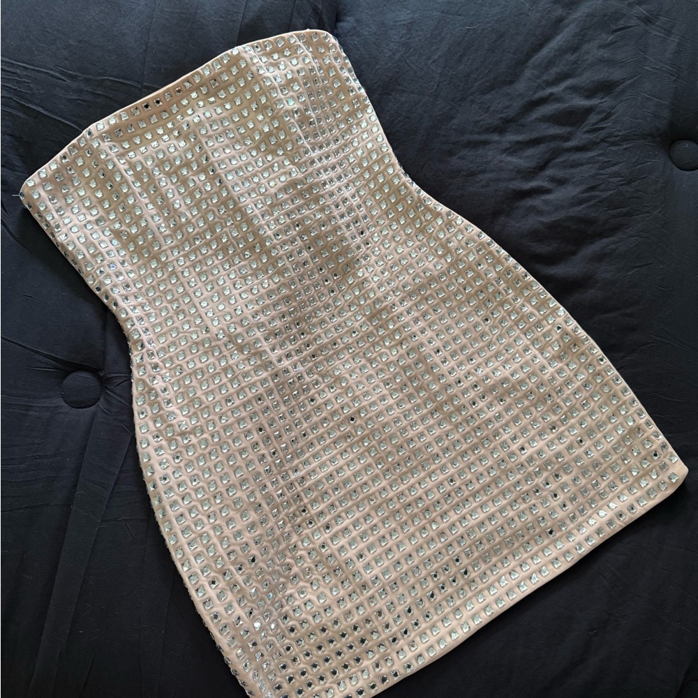 Zara Beige Rhinestone Strapless Mini Dress
